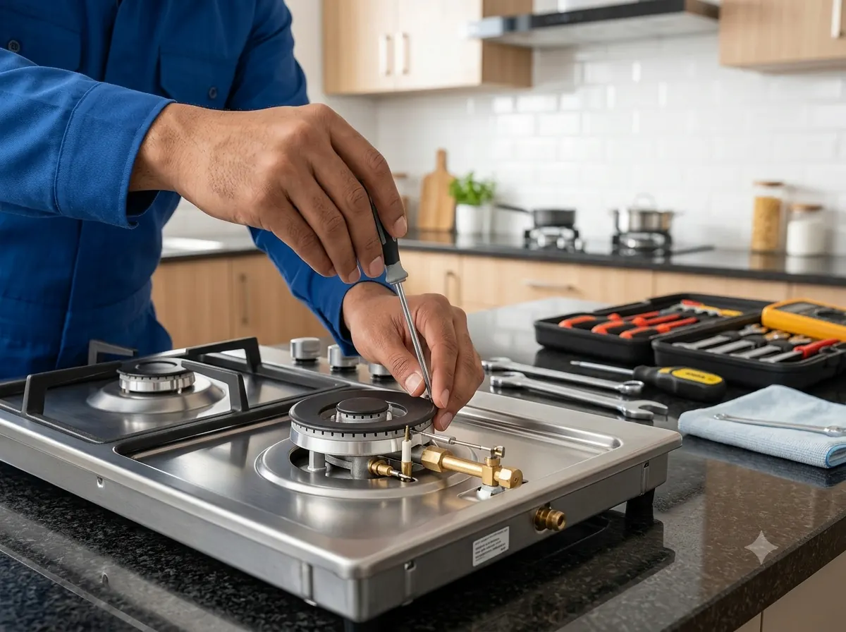Close-up of a technician repairing a gas stove burner assembly