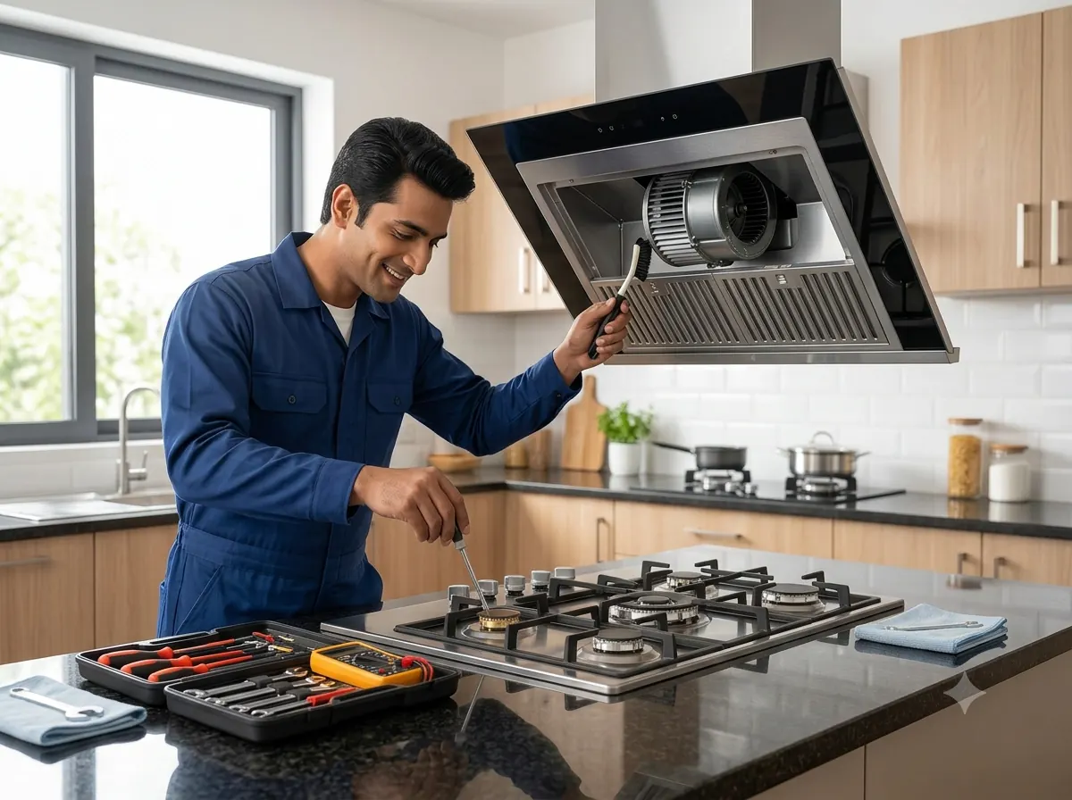 Technician cleaning and servicing a kitchen chimney