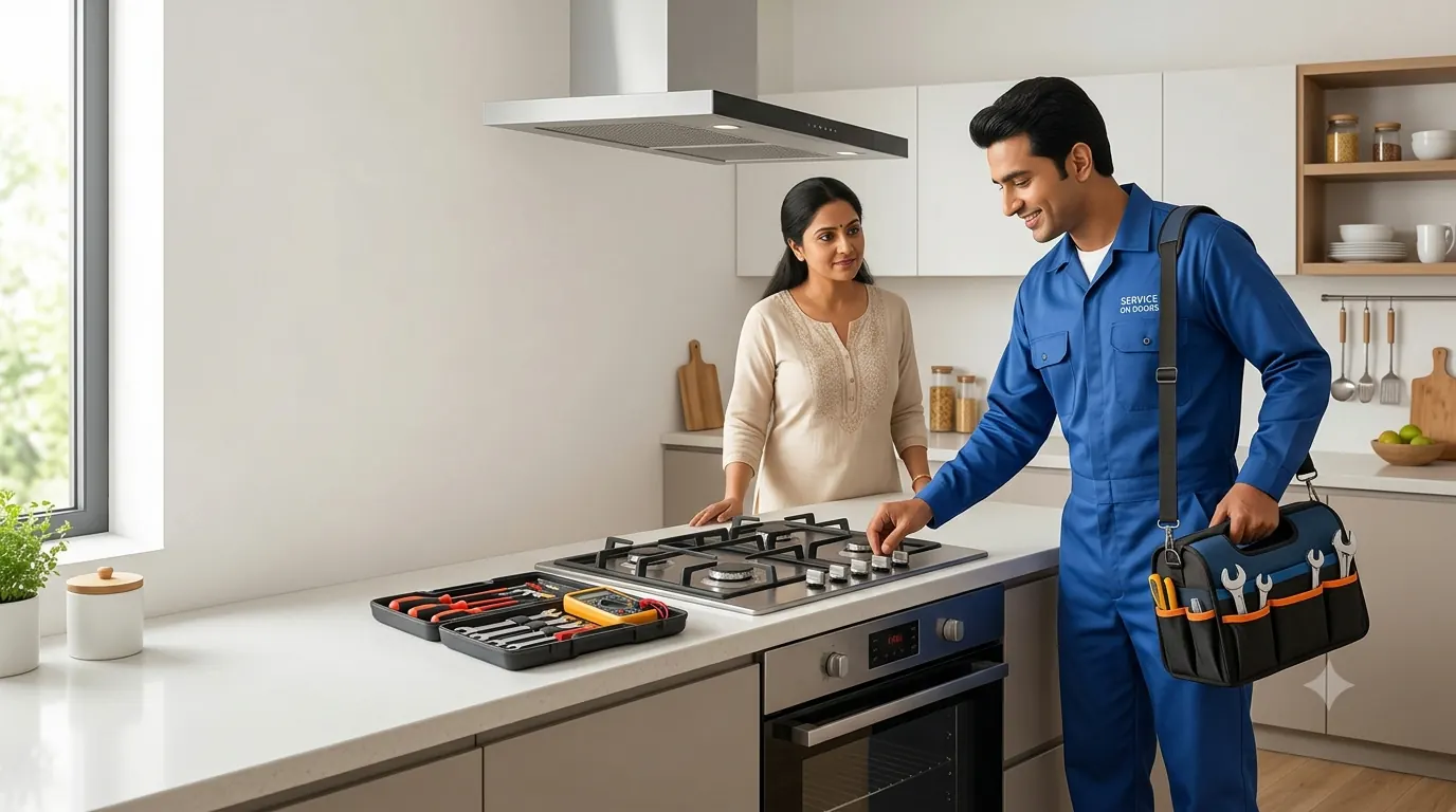Technician explaining a gas stove repair to a customer at home