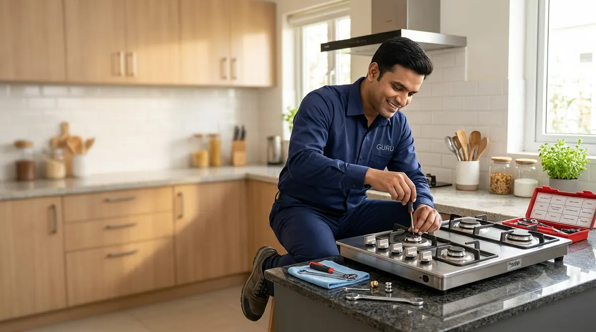Technician repairing a gas stove hob on a kitchen counter