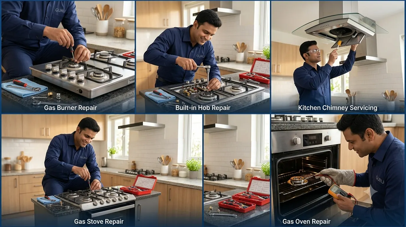 Collage of gas burner, hob, chimney, stove and oven repair